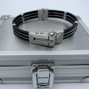Stunning 8" Triton Stainless Steel Rubber Men Bracelet with 14K Gold & Diamonds